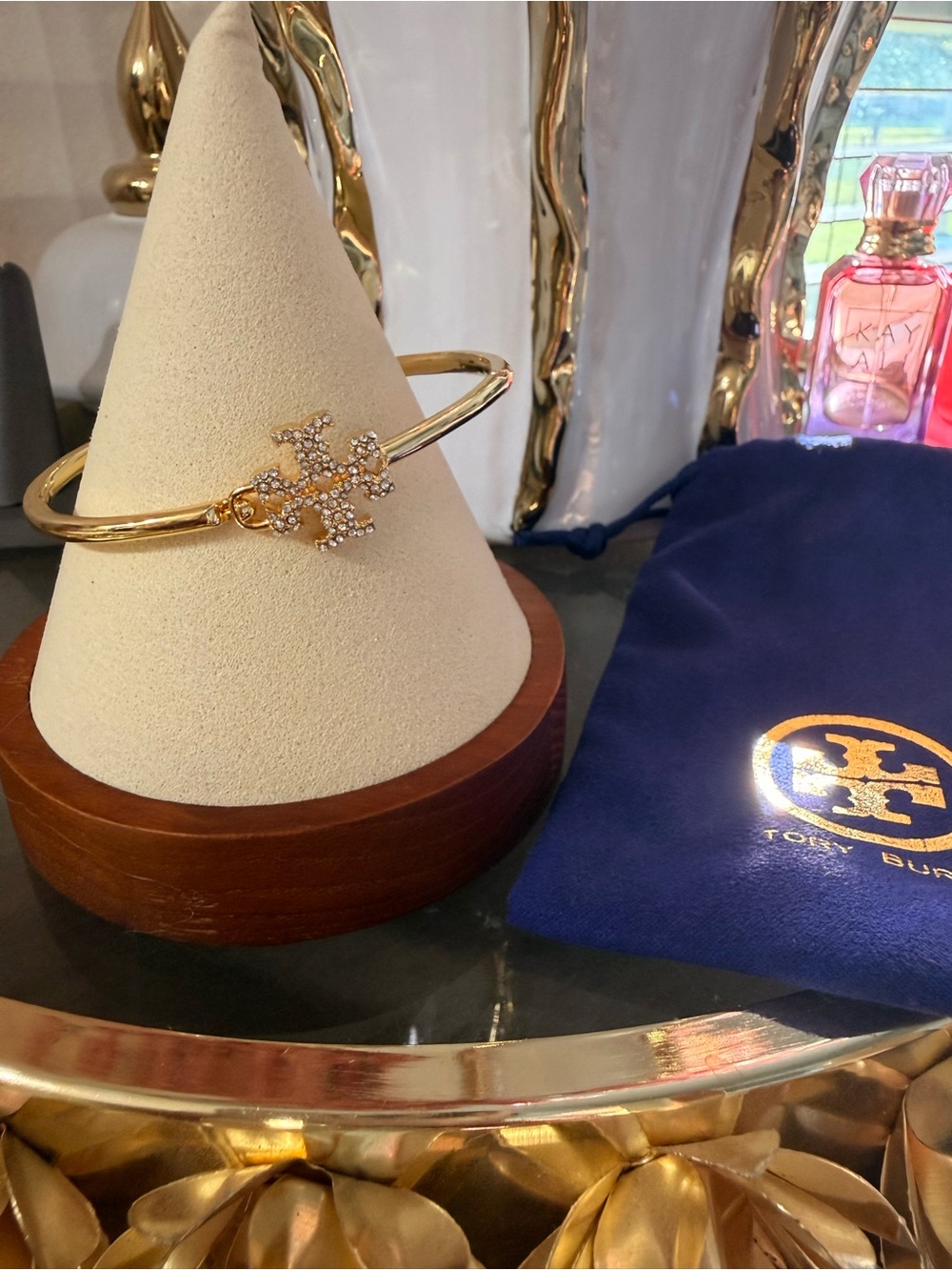 Tory Burch Gold Crystal Logo Hinged Bangle Bracelet